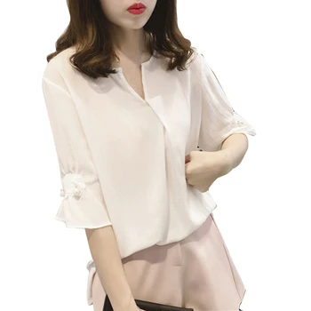 

Women Casual Shirt Short Sleeve Plus Size Stitching Ruffled Sleeve Beading Shirt Loose Chiffon Shirt Solid Color Women Tops