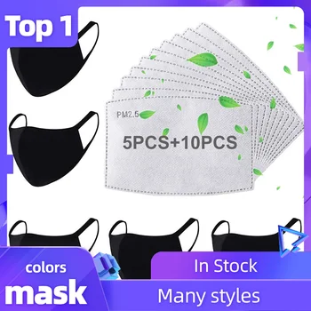 

5PCS Mouth Masks +10PCS Filters Windproof Foggy Haze Pollution Mouth Cover Fliter Washable and Reusable Face sheild Mascarilla