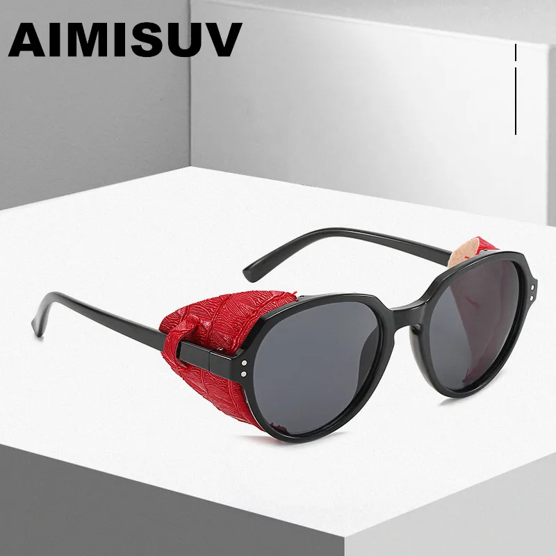 

AIMISUV vintage Steampunk Sunglasses Men 2019 Fashion Leather With Side Shields Style Round Sunglasses For ladies UV400 Oculos
