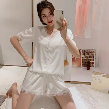 

New Spring And Summer Imitation Silk Pajamas Suit Ladies Home Clothes Beautiful Palace Style Daily Wear