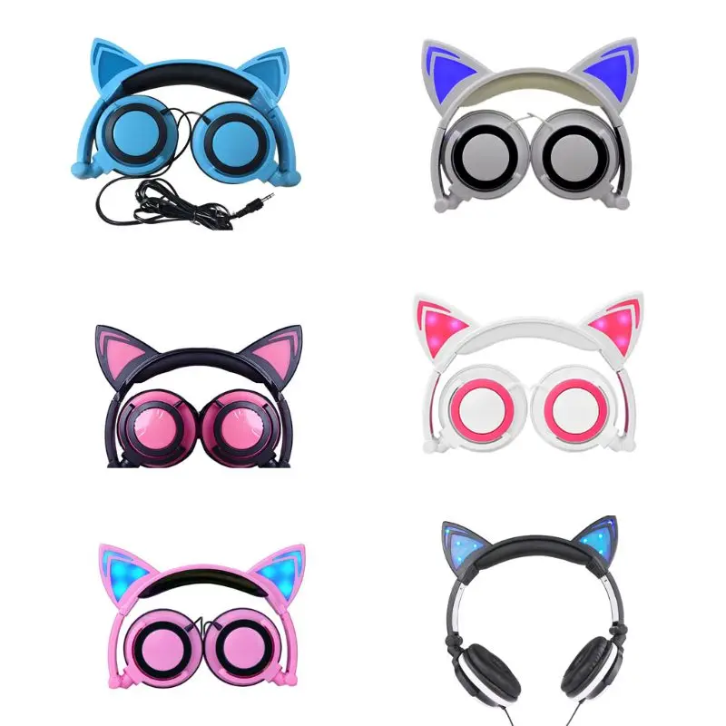 Foldable Portable Safe Wired Kids Gaming Headsets Glowing Cat Ears Headphones R2JB