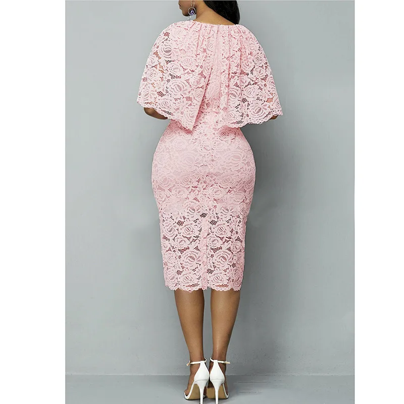 AliExpress Amazon Women's Shawl Elegant Lady Mid-Length Slim-Fit Sheath Lotus Pink Lace Dress