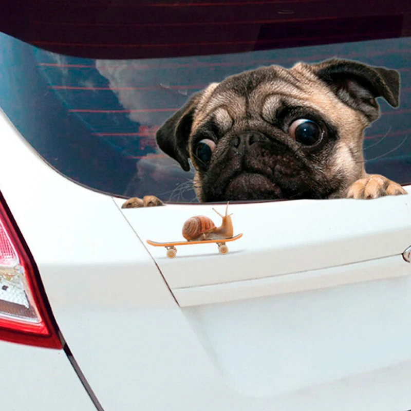 Funny 3D Pug Dogs Watch Snail Car Window Decal Cute Pet Puppy Laptop Sticker