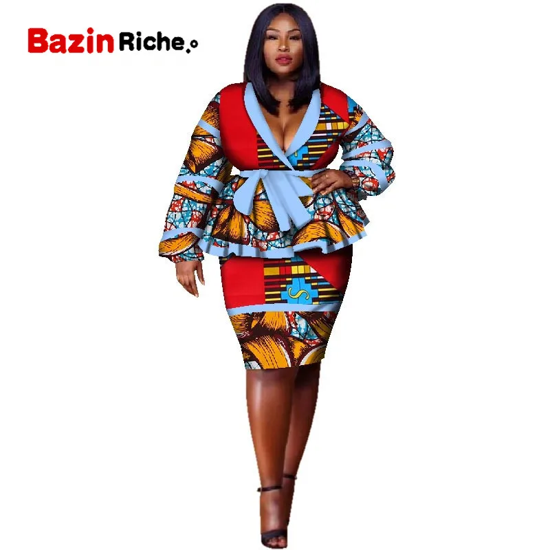 Plus Size Top and Straight Skirt Sets African Wax Print 2 Pieces Skirt Set for Women Bazin Riche African Style Clothing WY2858