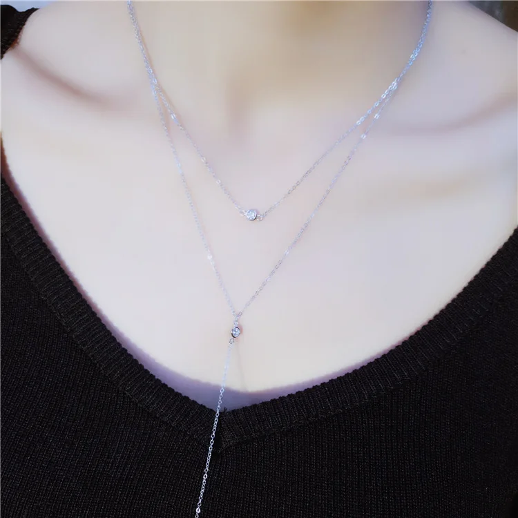 

S925 Fine Silver Double Layer round Diamond Necklace INS Western Style round Diamond Design Long Necklace Dress Collocation Wome