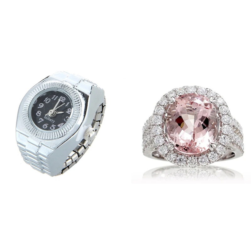 Women Alloy Quartz Black Round Dial Pocket Finger Ring Watch &amp Pink Crystal Diamond Egg Women's Engagement No. 8 |