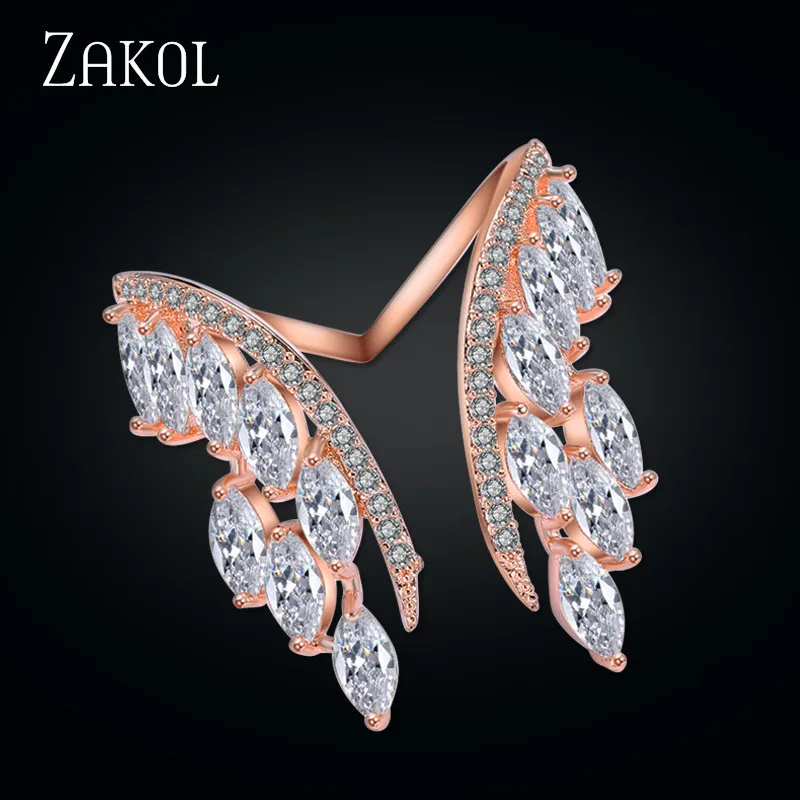 Rose Gold Color ZAKOL Европейский стиль белый цвет крыло Открытые Кольца ослепительный Кристалл Циркон модное кольцо на палец для женщин Свадебные украшения FSRP188 - Цвет основного камня: Rose Gold Color