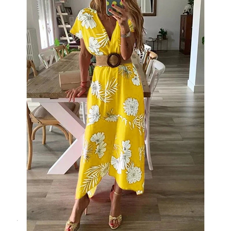 

Floral print bohemian summer dress 2019 Women sexy v neck beach dresses Casual boho tunic maxi dress Red flower Vestidos