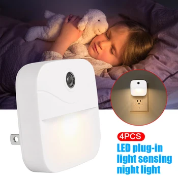 

4pcs Auto On Off Nursery Kitchen For Bedroom Stairs Photocell Sensor Plug In Indoor Lamp Hallway LED Night Light Warm White