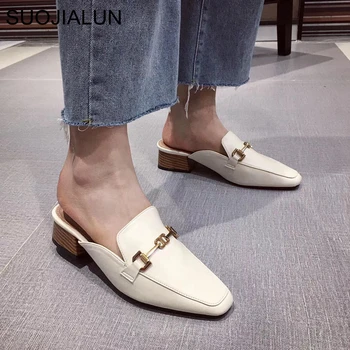 

SUOJIALUN Women Mules Slippers 2020 New Arrival Slip On Flat Heel Casual Mules Shoes Wooden Block Heel Summer Buckle Slides