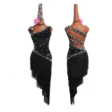 Cheap Latin Dance Dresses For Women Black Fringe Shiny Rhinestone Backless Tango Salsa Ballroom Compete Latin Dance Costumes Cheap Latin Dance Dresses For Women Black Fringe Shiny Rhinestone Backless Tango Salsa Ballroom Compete Latin Dance Costumes