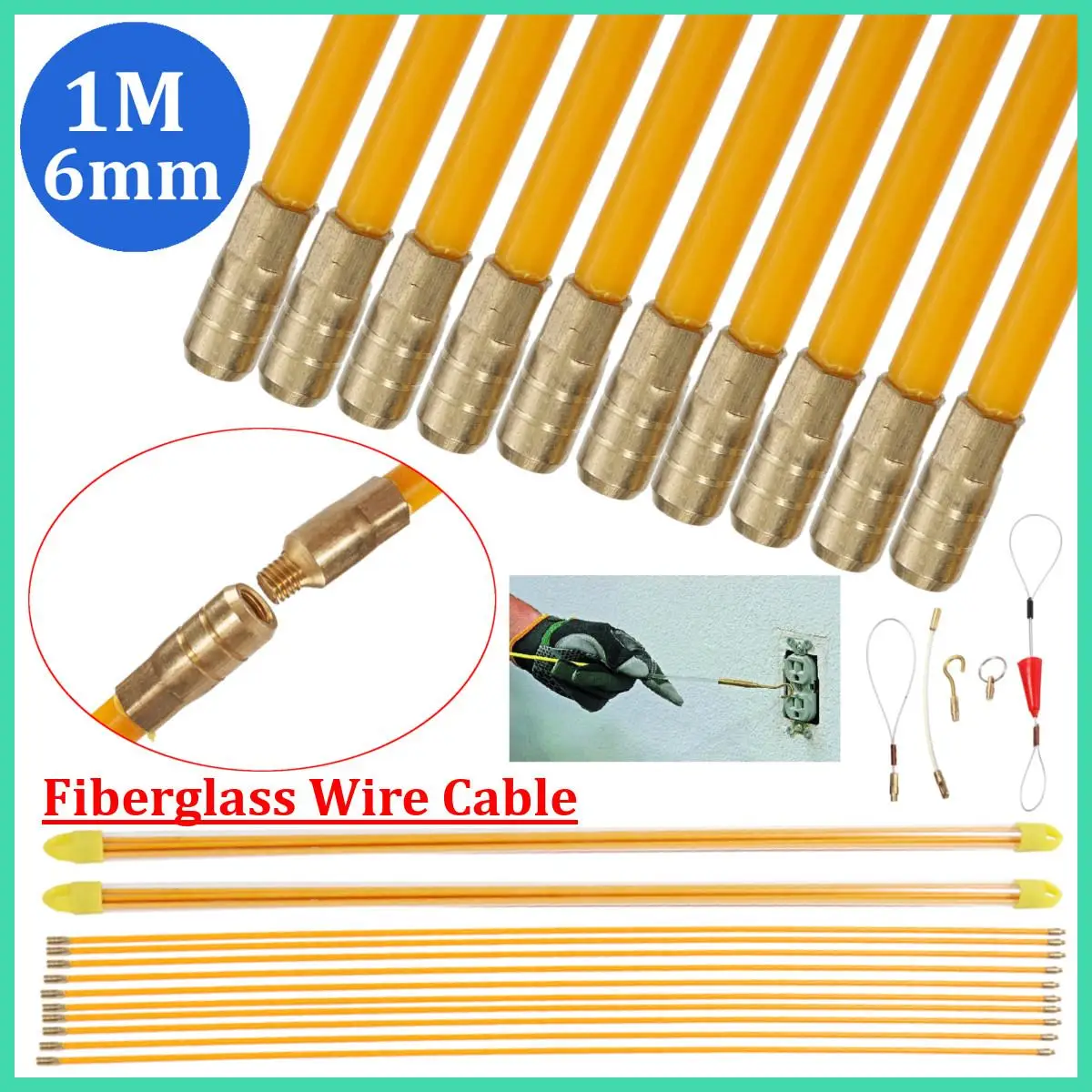 6 мм 10x1 м стекловолоконной проволоки кабельный стержень Съемник электрическая протяжная проволока Pull Push Kit стекловолоконной проволоки кабельный стержень съемник инструмент набор прочный