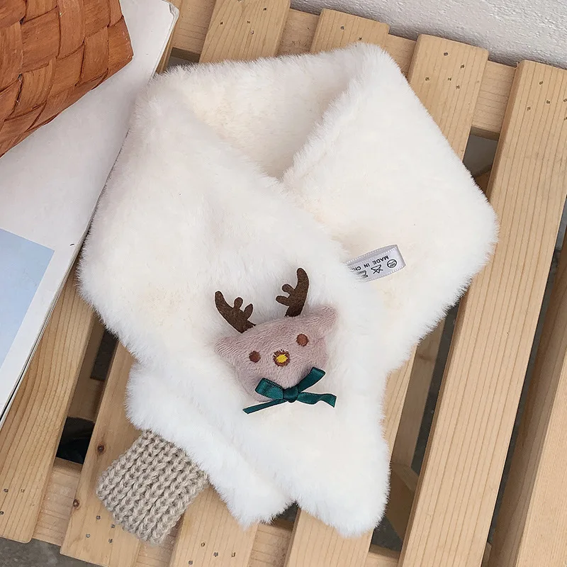 White-Elk Детский шарф из искусственного кроличьего меха OMEA, Рождественский шарф унисекс, детский теплый плюшевый шарф с Санта Клаусом, рождественский подарок для девочек - Цвет: White-Elk