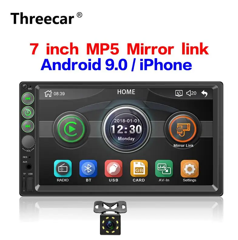 7 дюймов 2 din Автомобильный Радио-зеркальная связь android 4,4-9,0, bluetooth, FM радио, камера заднего вида Авто MP5 - Цвет: with 8 led camera