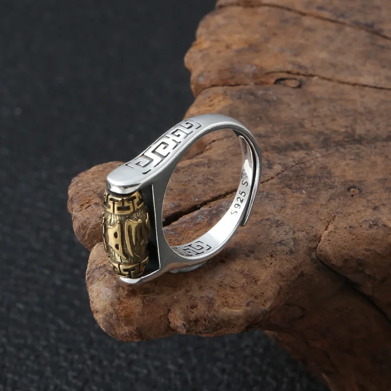 Подлинное 925 пробы Серебряное поворотное кольцо с мантрой для мужчин и женщин шесть слов буддийские ювелирные изделия тип открытия Ретро античный