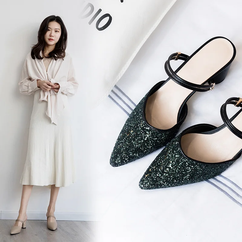 

2019 Summer New Style Closed-toe Sandals Women's Chunky-Heel Semi-high Heeled Pointed-Toe Double Purpose Sandals ban tuo xie Hig