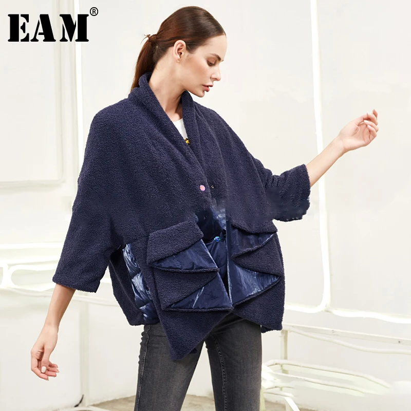 

[EAM] Loose Fit Blue Big Pocket Down Jacket New Stand Collar Long Sleeve Warm Women Parkas Fashion Autumn Winter 2019 1A408