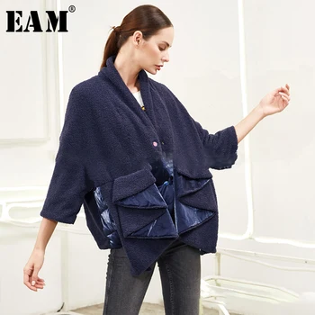 

[EAM] Loose Fit Blue Big Pocket Down Jacket New Stand Collar Long Sleeve Warm Women Parkas Fashion Spring Autumn 2020 1A408