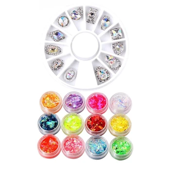 

5.6cm Nail Art Sticker Tip Decal 3D Glitter Manicure Studs Nail Tips DIY (F) & 12 Colors UV Gel Nail Art Glitter Dust Powder Shi