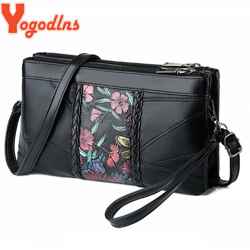 

Yogodlns Vintage Flower Stripe Pattern Messenger Bags Women Evening Clutch Quality Weaving Genuine Leather Shoulder Sling Purse