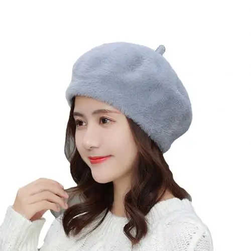 Light Gray Модный женский однотонный берет, шляпа на зиму осень, Теплый головной убор на плоской подошве, берет для девушек, плоская шапка, берет для женщин - Цвет: Light Gray
