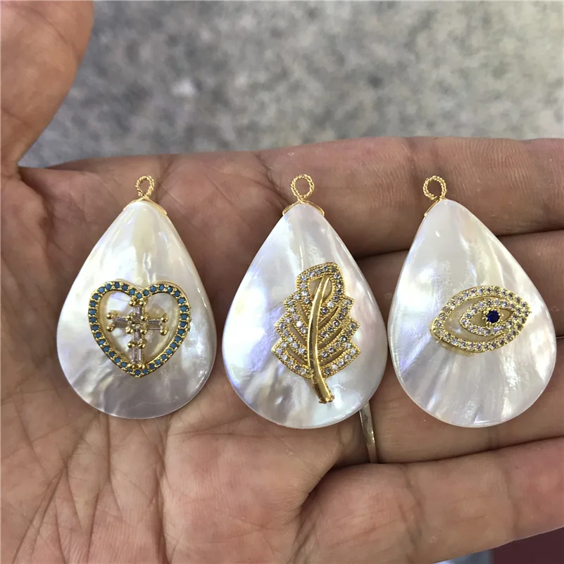 

white cz rainbow crystal heart cross leaf butterfly evil eye protection charm water drop tear drop natural white shell pendant