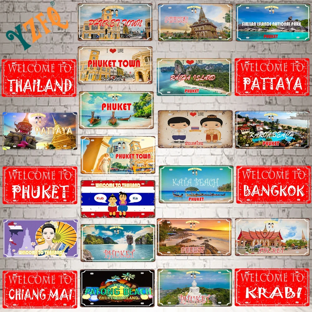 

【YZFQ】Welcome to Pattaya Plaque Metal Vintage Phuket Thailand Travel Souvenir For Wall Bar Club Home Decor 30X15CM DC-1464B