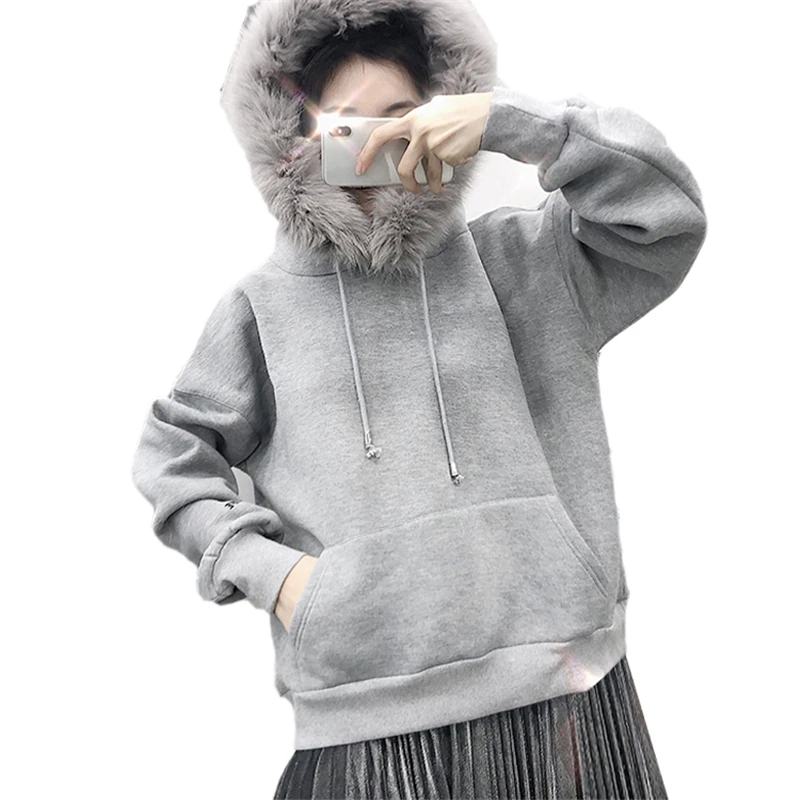  2019 Women Winter Solid color Thicken Fleece Hoodies Sweatshirt Long Sleeve faux fur Hooded Pullove