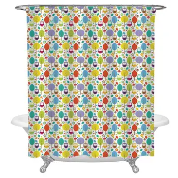 

Owls Bath Curtain,Cheerful Nature Theme Owl Figures Trees Leafs Mushrooms and Flowers in Lively Colors Decorative Fabric Shower