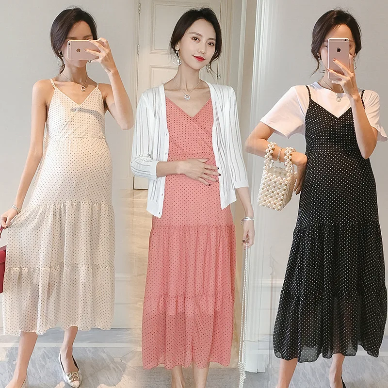 

Summer New Style Polka Dot Very Fairy of Non-mainstream Camisole Chiffon Dress Two-Piece Set Coat Knit Maternity Clothes Tops