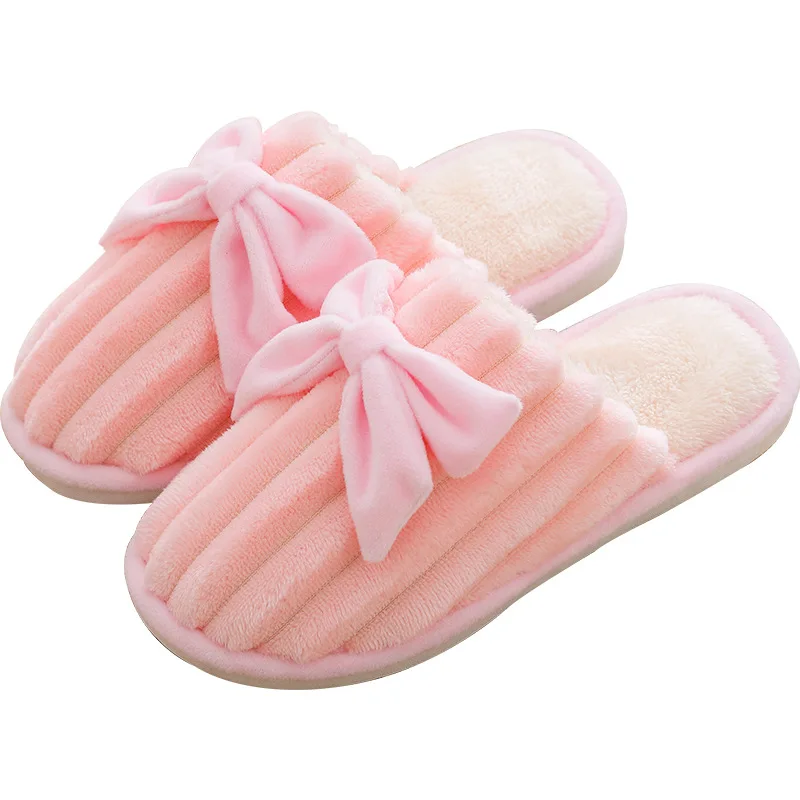 

2021 New Home Slippers Women Winter Indoor Warm Slippers Cute Bowknot Plush Slides Anti-slip Faux Fur Flats Shoes Woman WSH4244