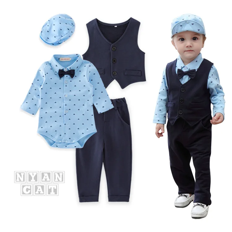 

New Style Childrenswear Children Gentleman Formal Dress Set BOY'S Long-sleeved Triangle Romper Four-piece Set Baby CHILDREN'S Su