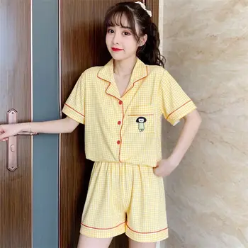 

Summer Plaid Pajamas Suit Women Home Wear Sweet Cute Short Sleevee Top Shorts 2 Pcs Sleepwear Set