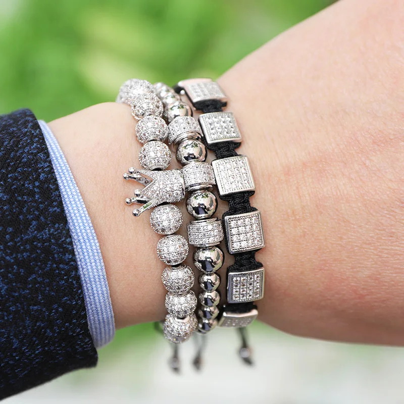 High Quality Luxury Men Jewelry Bracelet CZ Micro Pave Square Beads Crown Charm Adjustable Bracelet Set For Men - Image 3