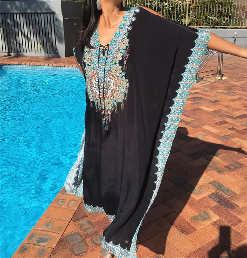 Черное индийское народное вышитое летучие мыши свободное летнее пляжное платье марокканский кафтан размера плюс женское пляжное платье макси N910