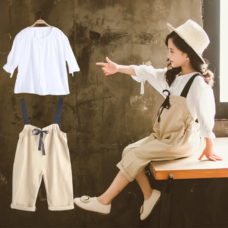 

2019 Spring And Autumn Korean-style Girls Sweet Peter Pan Collar Set Big Boy Western Style Shirt Suspender Pants Two-Piece Set