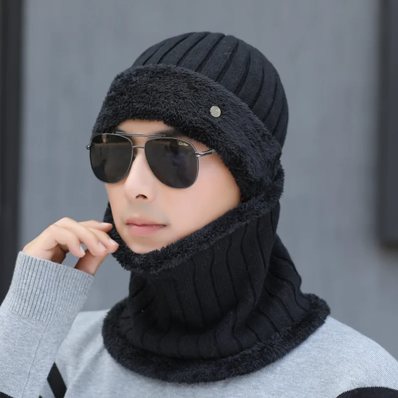 SUOGRY High Quality Winter Hats For Fashion Knitted Hat Scarf Warm Cap Thick Fur Hat Beanie Cashmere Wool Male Beanie - Цвет: Hat scarf black