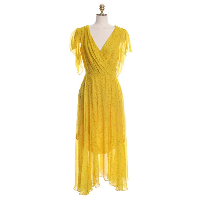 TWOTWINSTYLE повседневные повязки с принтом длинное платье для женщин V образным вырезом короткий рукав Высокая талия ботильоны Длина платья для женщин Весенняя мода - Цвет: yellow