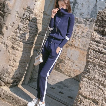 

Two piece set Women Knitted Tracksuit sweatr Suits Winter Casual Knitted Pants +Jumper Tops Female Sporting suit Clothing Sets