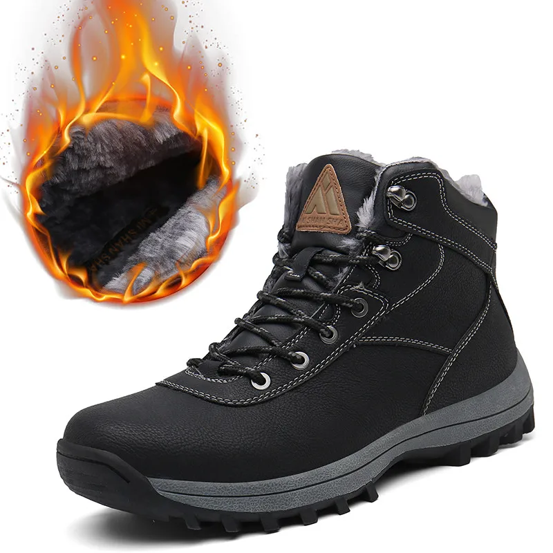 Новые зимние ботинки; Мужская обувь; теплые зимние ботинки; кожаные ботильоны на меху; Мужская Рабочая обувь; военные ботинки для мальчиков; Уличная обувь на плоской платформе; botas - Цвет: Черный