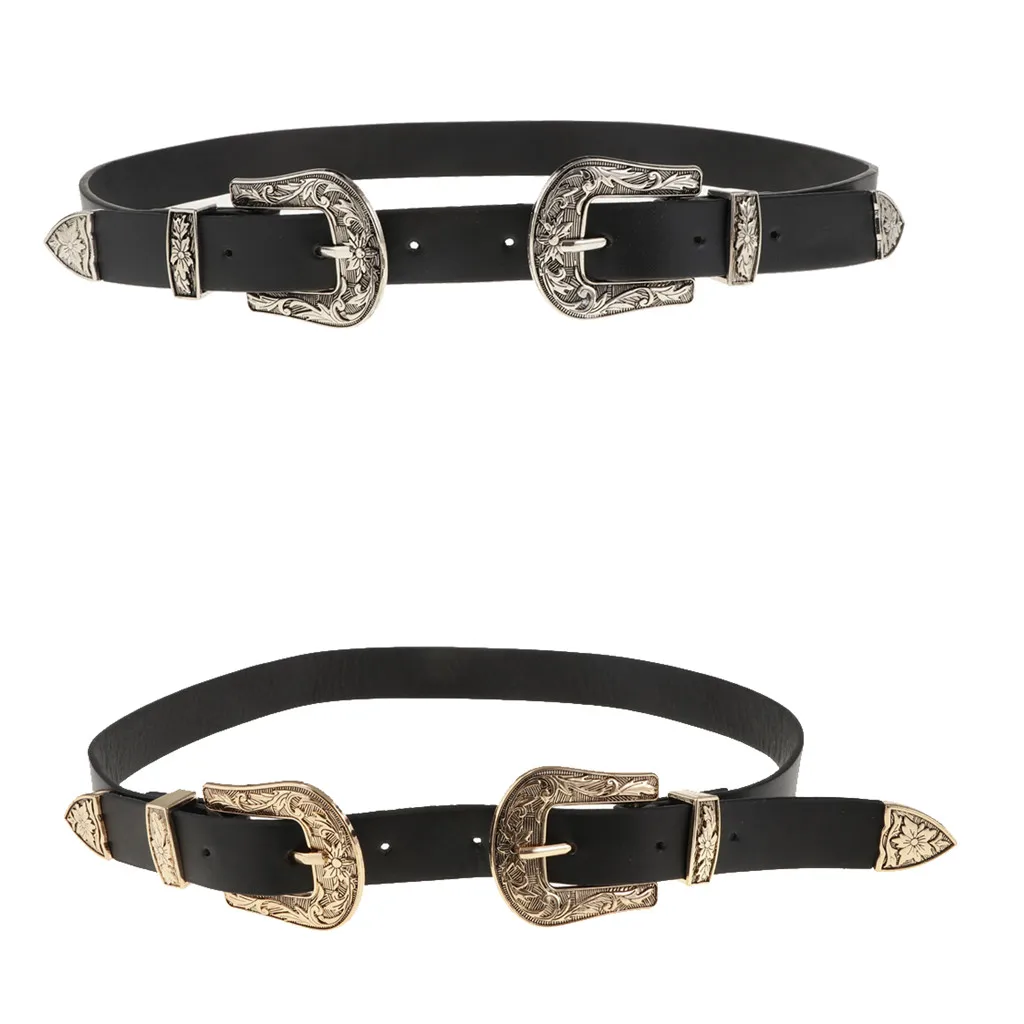 Women's Skinny Slim Retro Vintage Leather Double Buckle Belt Waist Strap for a Western Style Outfit or Casual Jean Belt