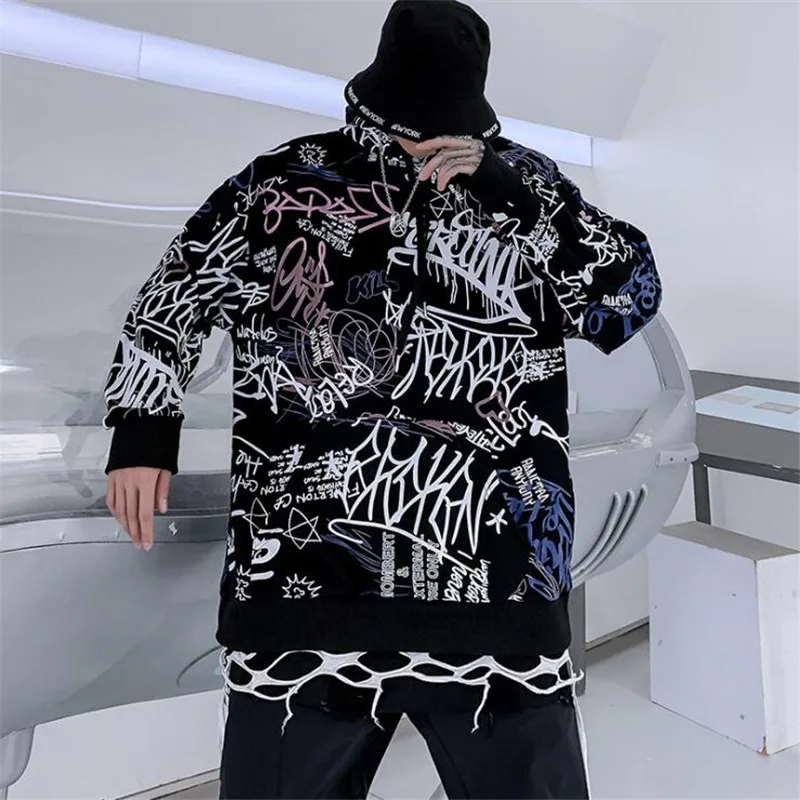

NAGRI 2020 New Japan Street Graffiti Print Hoodies Hip Hop Style Swag Tyga Oversize Black White Cotton Clothing M L XL XXL