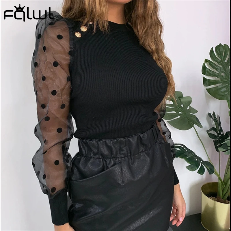 YMS-ST3028Black FQLWL осенне-зимний вязаный свитер, Женское пальто, сетчатый свитер в горошек с пышными рукавами, Женский Топ, пуловер, блузка, рубашка, женские джемперы - Цвет: YMS-ST3028Black