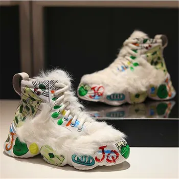

Colorful Graffiti Platform Ankle Boots Natural Fur Embellished White Black High Top Leather Sneakers Winter Shoes Women