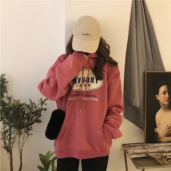 

2020 Autumn& Winter New Arrival Loose Letter Print Mid Length Hooded Sweatshirt Plus Velvet Long-sleeve Sweatshirt Free Shipping