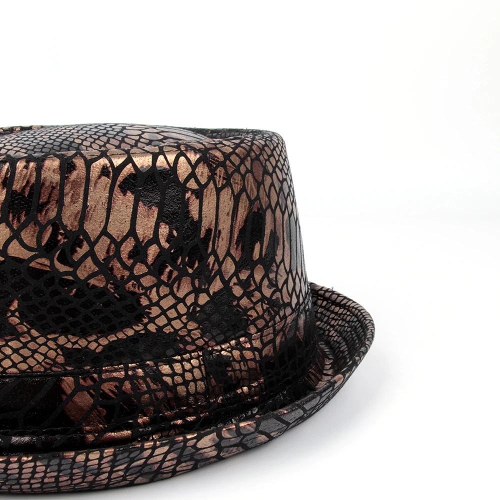 Men Flat Fedora Hat Leather Snake Skin 