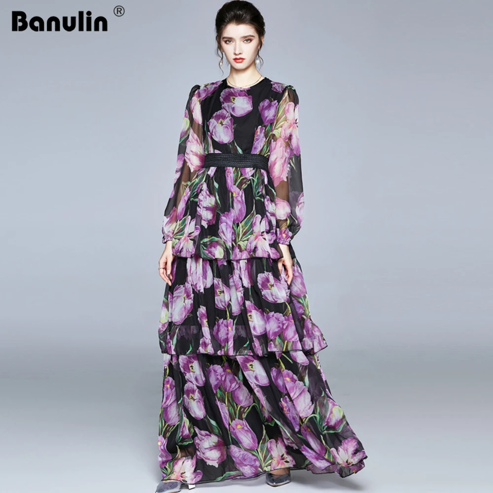 

Banulin Spring New Fashion Runway Floral Tiered Cake Long Dress Women's Long Sleeve Tulip Overall Printing Party Maxi Dress Robe