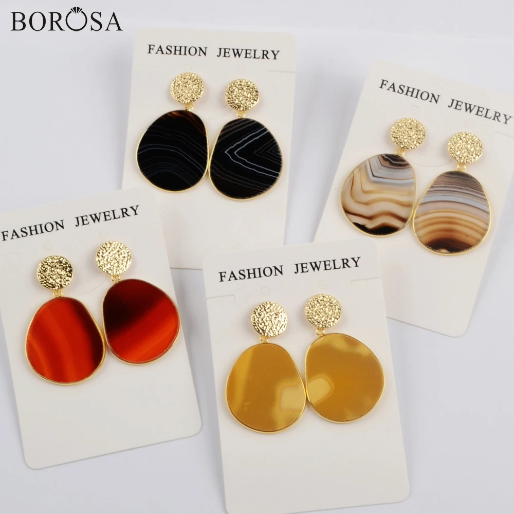 BOROSA 4 пары Модный золотой ободок натуральные Агаты ломтик Висячие серьги смешанные цвета агатовый камень серьги ювелирные изделия для женщин WX1195