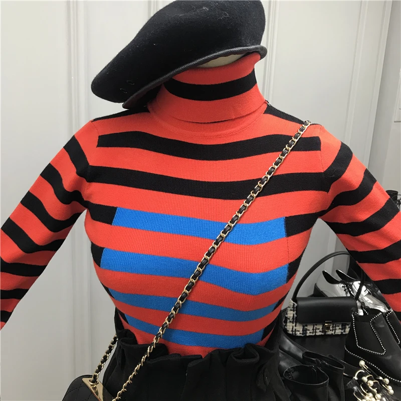 ALPHALMODA; Новинка года; модный свитер контрастного цвета в полоску; водолазка с длинными рукавами; универсальная нижняя рубашка