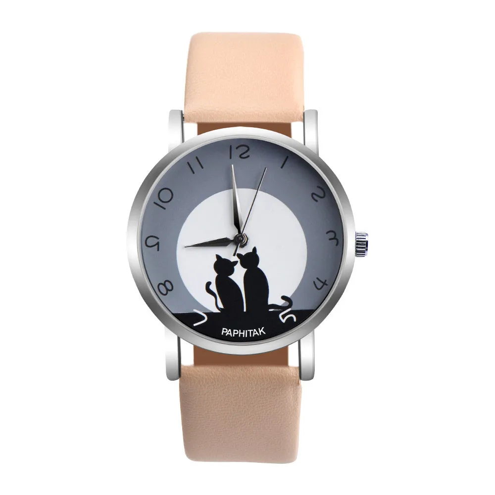 Женские часы с милым рисунком кота, женские Аналоговые кварцевые часы из искусственной кожи, reloj mujer, relogio feminino gato, женские часы - Цвет: F